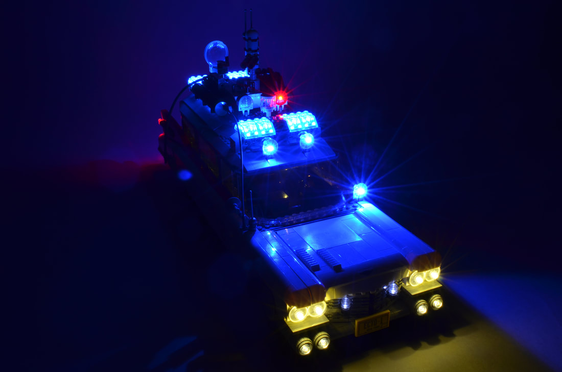 Top Wide view of the LEGO Creator Ecto-1 (set #10274) with Brickstuff light kit installed.