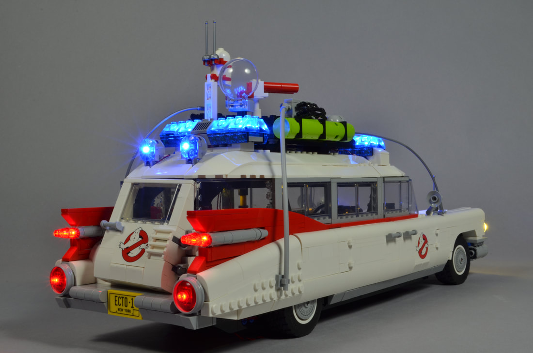 Wide rear view of the LEGO Creator Ecto-1 (set #10274) with Brickstuff light kit installed.